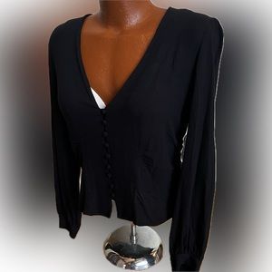 Free People deep v puff sleeve Goth boho sexy black blouse L 12 /14 ruched back